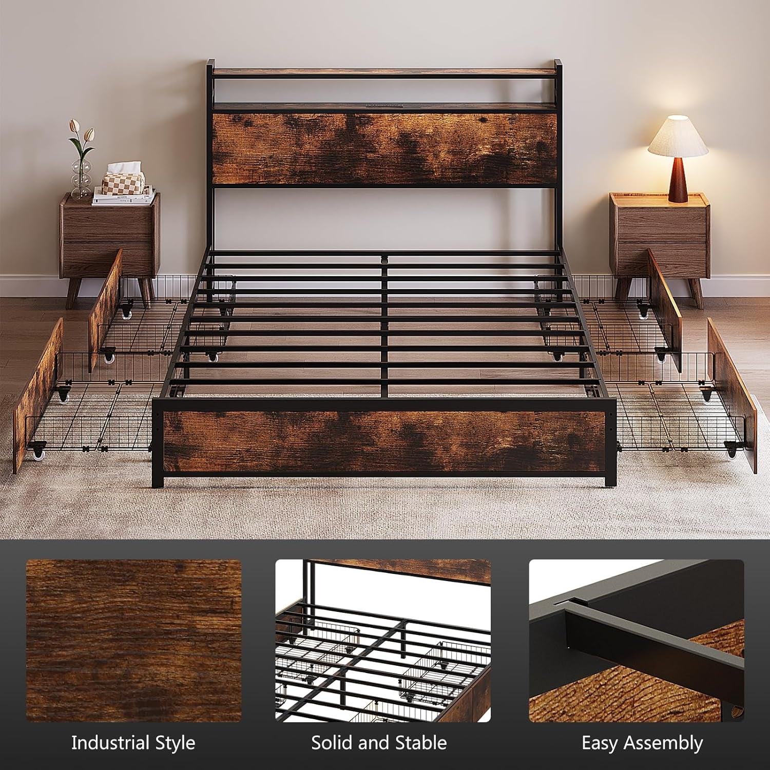 Queen Bed Frame with 4 Storage Drawers and Headboard, Metal Platform Panel Bed with Charging Station and RGB LED Lights, No Box Spring Needed, Noise Free, Easy Assembly, Vintage Brown