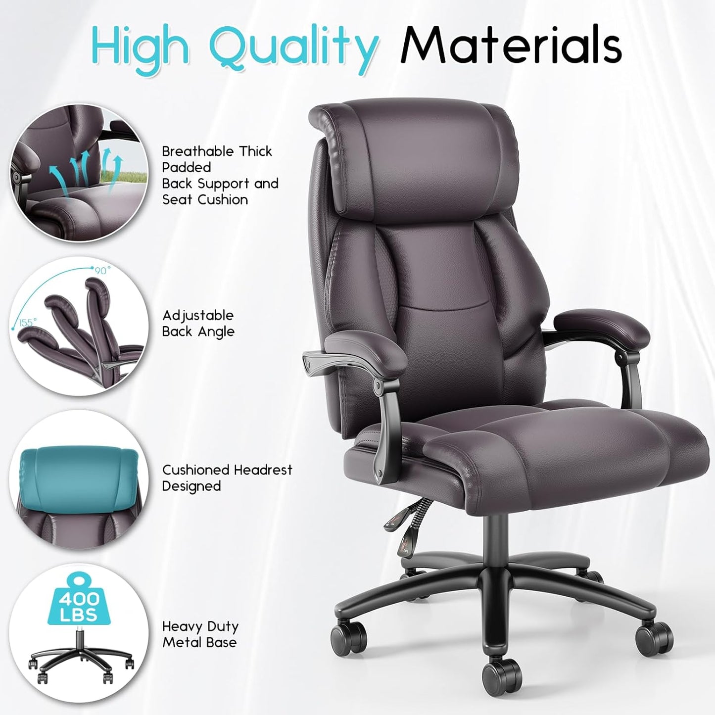 Reclining Office Chair, Executive Big and Tall Office Chair with Wide Seat, Recliner Leather High Back Computer Desk Chairs