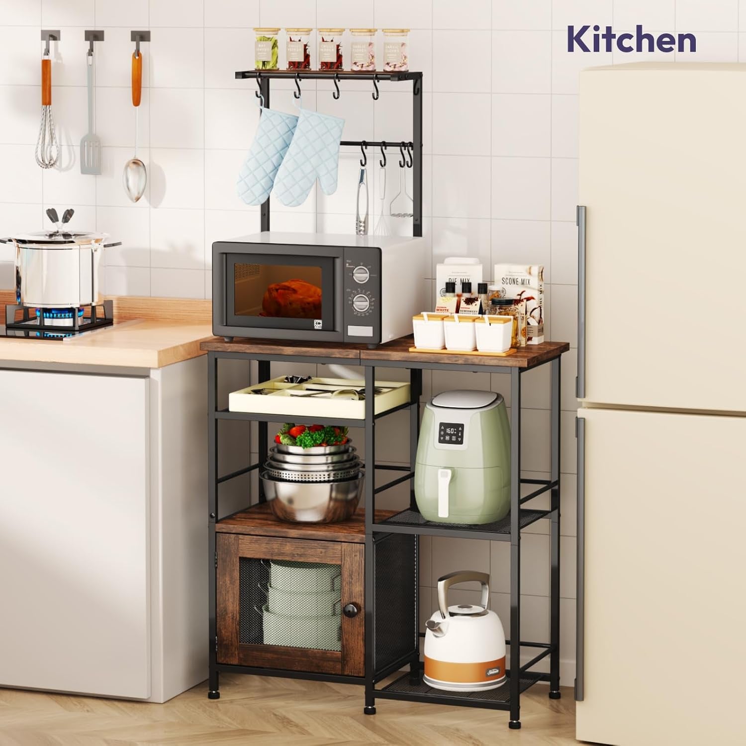 Bakers Rack with Storage - Coffee Bar Cabinet Organizer with 8 Hooks, Shelves & Cabinet Door, Coffee Station for Kitchen Dining Room, Microwave Stand with Adjustable Feet, Espresso
