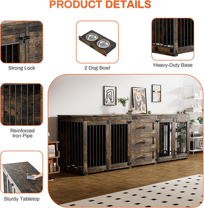 94.5" Dog Crate Furniture for 2 Dogs, Large Dog Kennel Furniture with 3 Storage Drawer, Wooden Dog Cage with 4 Bowls, Indoor Dog House TV Stand with Locks for Large Medium Dog, Rustic Brown