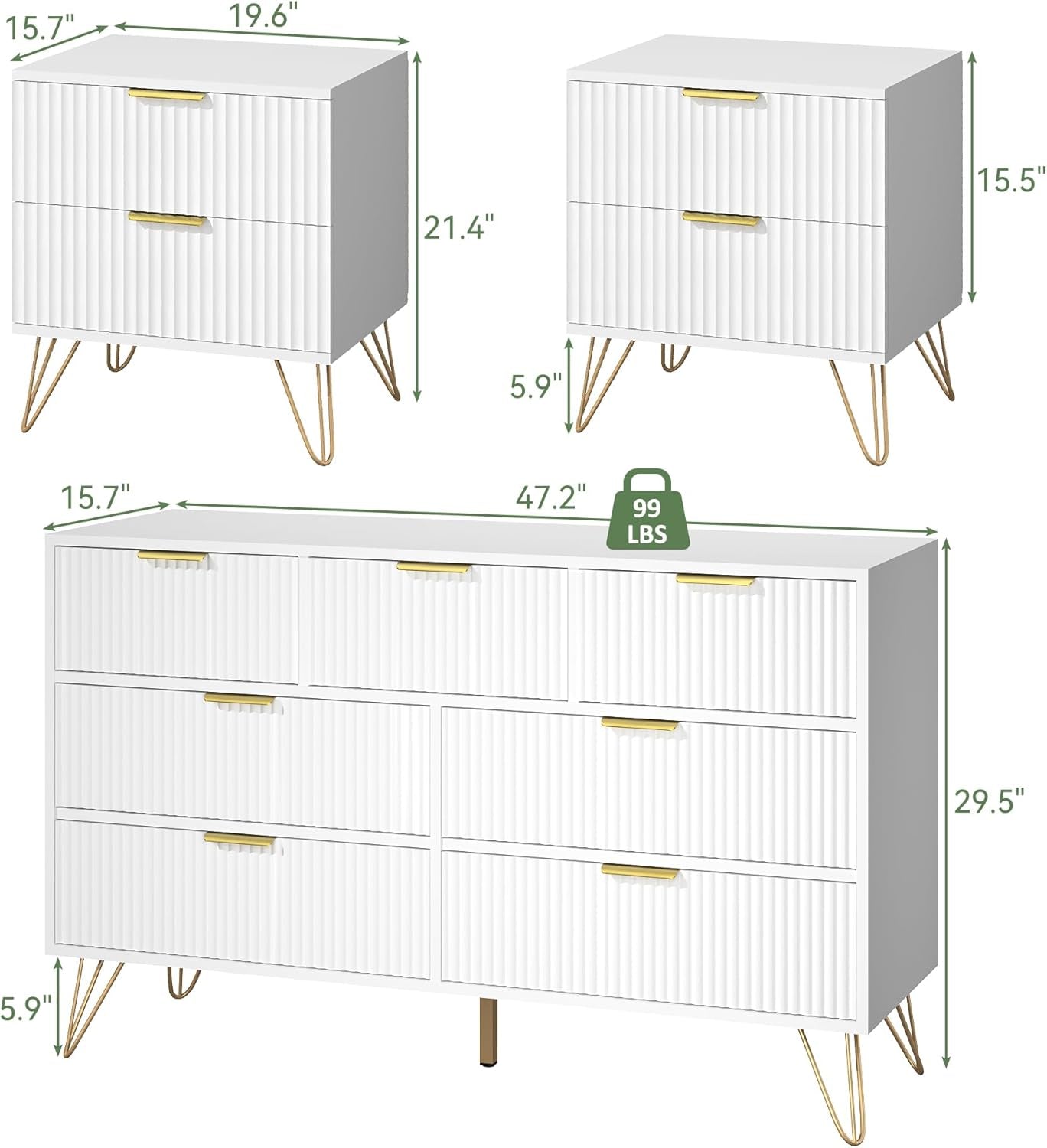 7 Drawer Dresser and Nightstand Sets for Bedroom, 3 Pcs Fluted Bedroom Set，Night Stand Set of 2 & 7 Drawer Dresser with Golden Handles, Wood Chest of Drawers Storage Cabinet Set, White