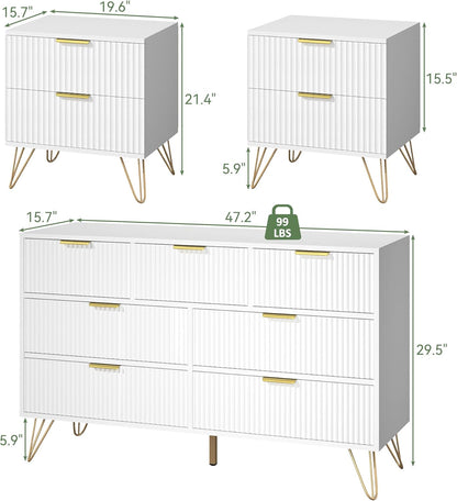 7 Drawer Dresser and Nightstand Sets for Bedroom, 3 Pcs Fluted Bedroom Set，Night Stand Set of 2 & 7 Drawer Dresser with Golden Handles, Wood Chest of Drawers Storage Cabinet Set, White