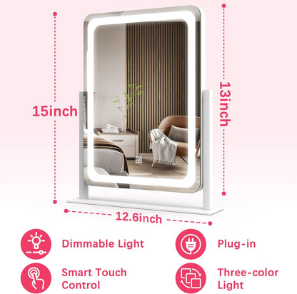Vanity Mirror with Lights, 12.6"×15" LED Makeup Mirror, Lighted Makeup Mirror with Lights, Smart Touch Control Dimmable 3 Modes Light, Lighted up Mirror for Makeup Desk, Bedroom, Dressing Room