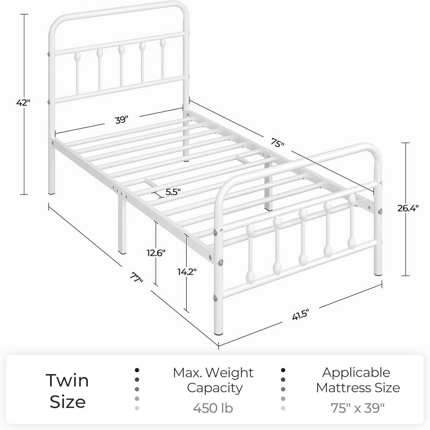 Classic Metal Platform Bed Frame Mattress Foundation with Victorian Style Iron-Art Headboard/Footboard/Under Bed Storage/No Box Spring Needed/Twin Size White