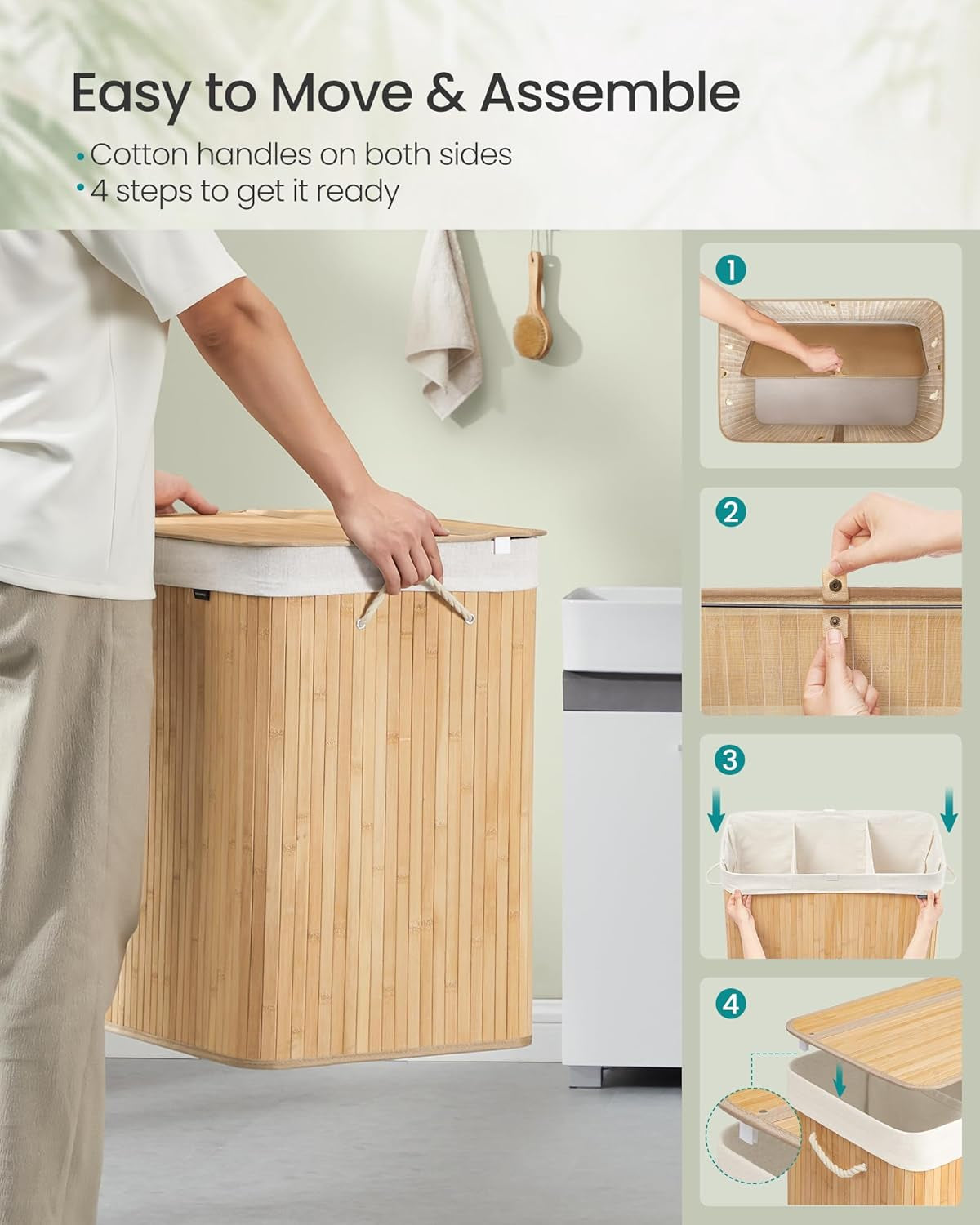 Laundry Hamper, 39.6 Gal. (150 L), 3-Section Laundry Basket, Laundry Hamper with Lid, Bamboo, Foldable, Removable and Machine Washable Liner, for Laundry Room, Bedroom, Natural ULCB091N01