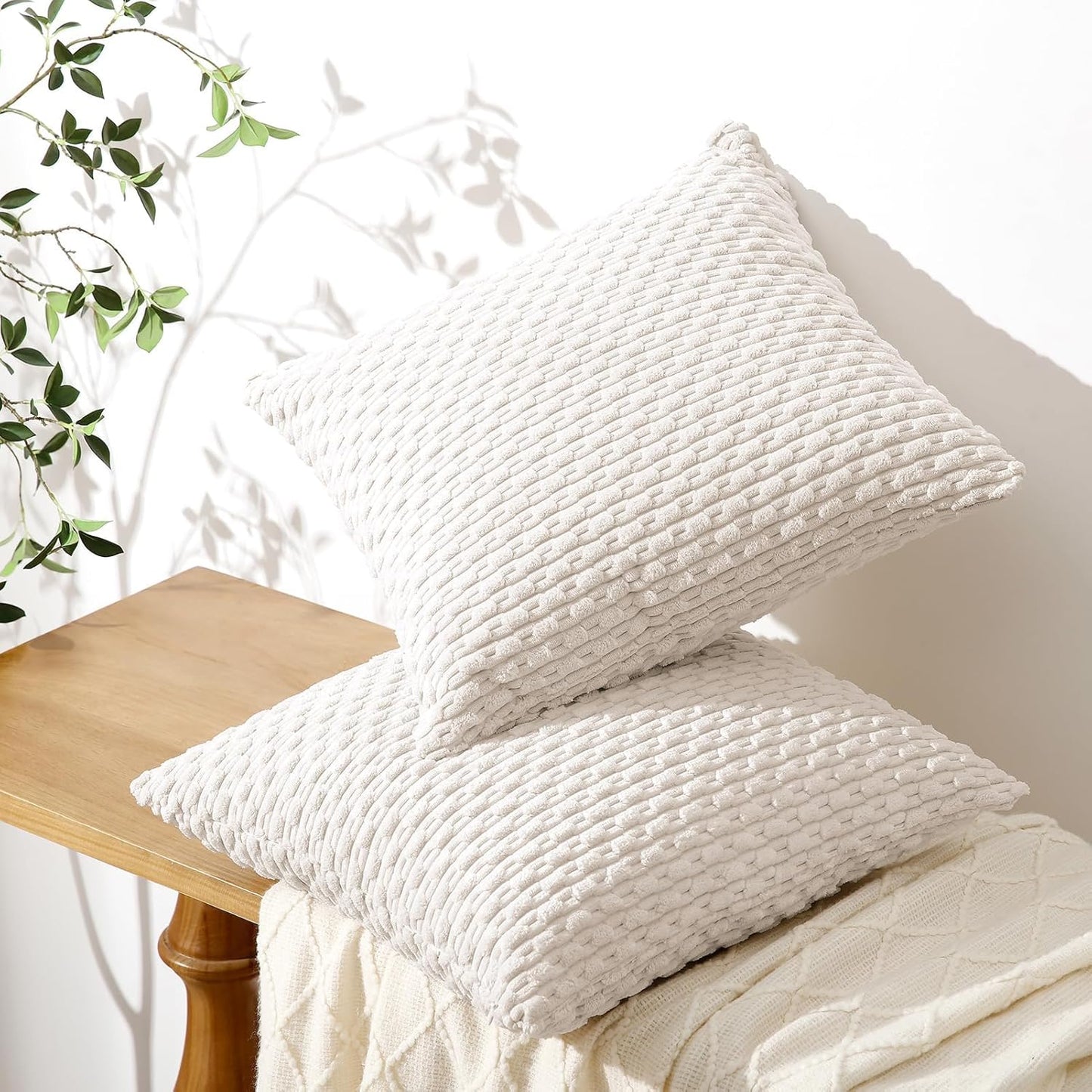 Throw Pillow Covers 18X18 Inch, Set of 2, Soft Corduroy Boho Stripe Decorative Pillow Cover, Couch Fluffy Pillow Cover for Farmhouse Home Decor Bed Living Room, Beige