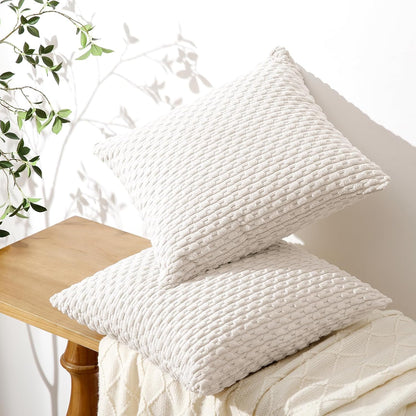 Throw Pillow Covers 18X18 Inch, Set of 2, Soft Corduroy Boho Stripe Decorative Pillow Cover, Couch Fluffy Pillow Cover for Farmhouse Home Decor Bed Living Room, Beige