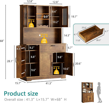 Tall Kitchen Pantry Storage Cabinet, Modern Pantry Cabinet with Hutch and Microwave Stand, Modern Kitchen Coffee Bar Hutch with Shelves for Dining Room, Brown