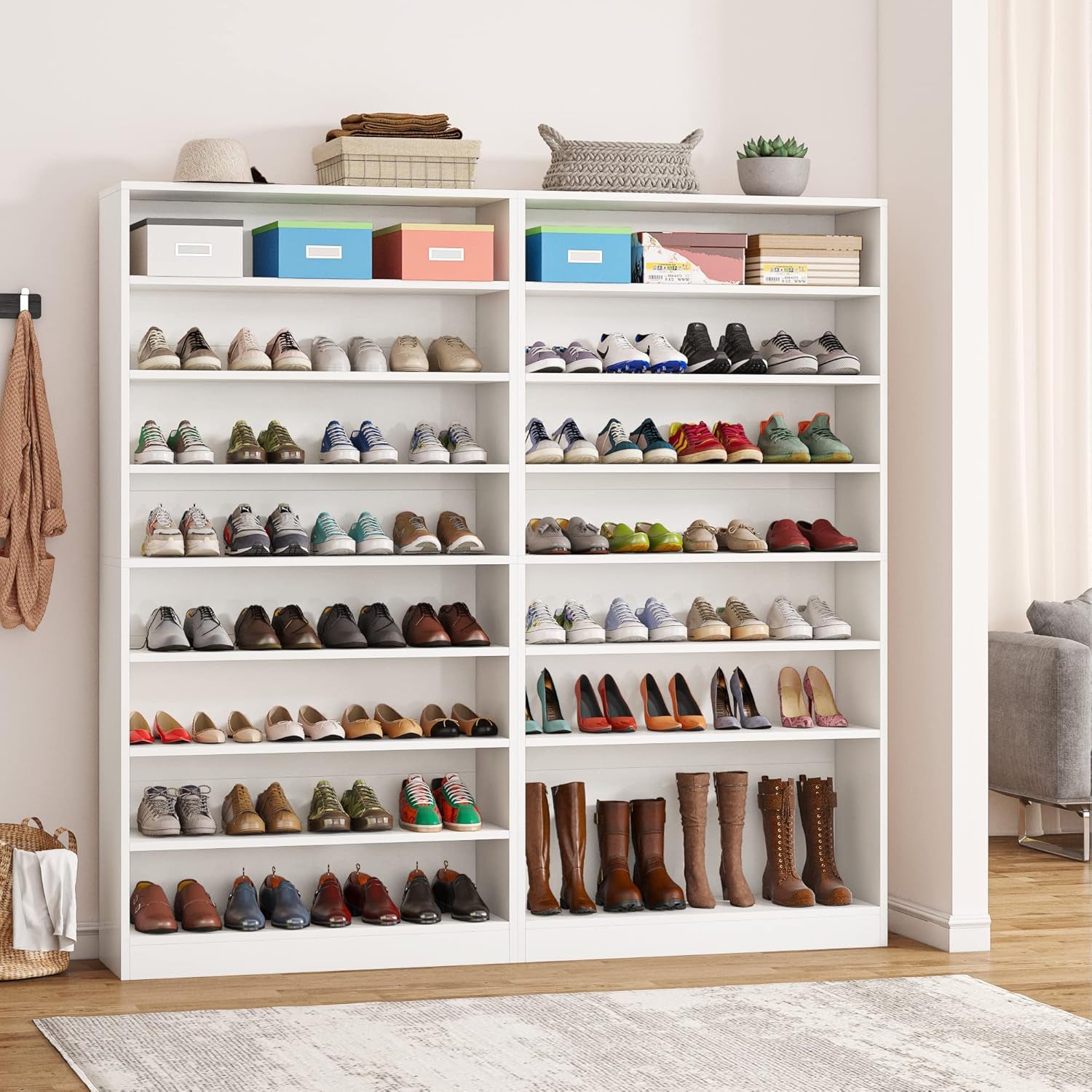 Shoe Cabinet, 9 Tiers 40-45 Pairs Heavy Duty Wood Freestanding Shoe Storage Cabinet, 70.8'' Tall Shoe Cabinet with Open Storage for Entryway, White
