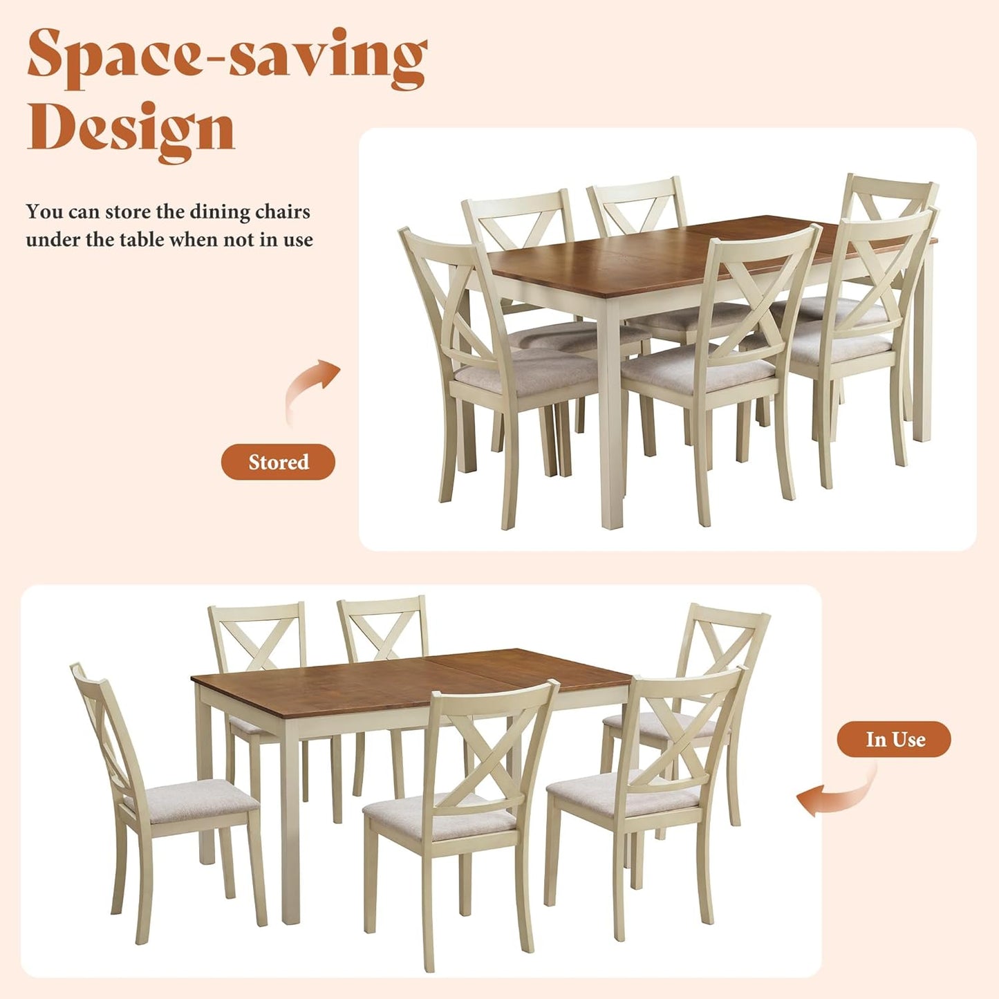 7-Piece Farmhouse Solid Wood Dining Table Set with 6 Upholstered Chairs, 60" Space Saving Dinner Table & Chairs Set, for Dining Room, Kitchen, Restaurant, Rustic Cream
