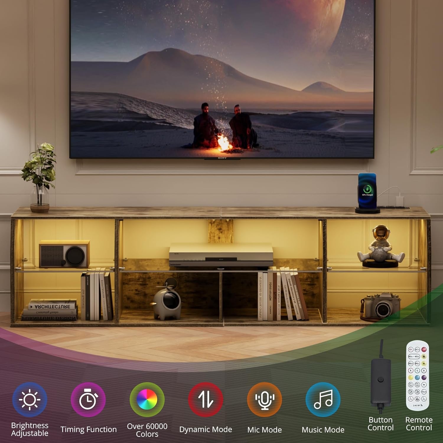 LED TV Stand for 65 Inch Entertainment Center with Power Outlets, Industrial Television Cabinet with 7 Open Storage Shelves, for Living Room and Bedroom, Light Brown, 65Inch