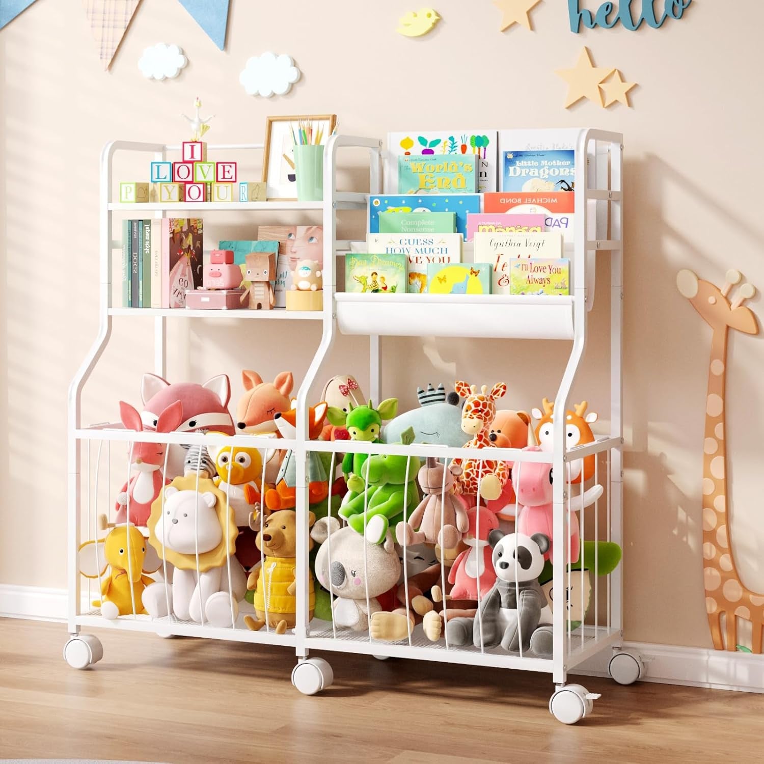 Stuffed Animal Storage Organizer - Rolling Kids Bookshelf and Toy Storage with 3 Tiered Book Display and Toy Chest - Rolling Furniture for Kids Room, Playroom, Bedroom, Nursery, White