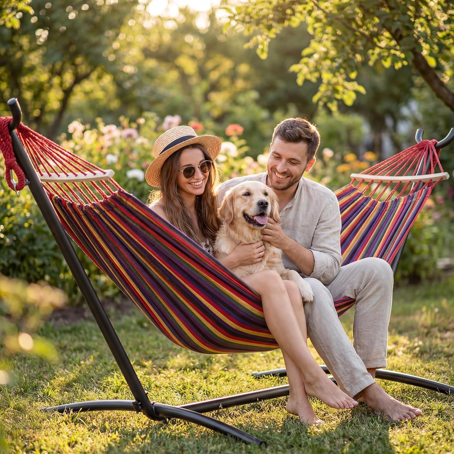 Double Hammock with Heavy-Duty Steel Stand,Portable,Easy Assembly,600Lbs Weight Capacity,Perfect for Indoor,Yard,Camping,Or Outdoor-Rainbow