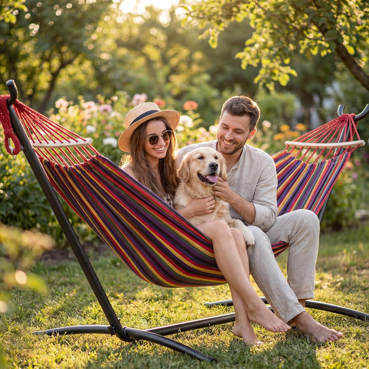 Double Hammock with Heavy-Duty Steel Stand,Portable,Easy Assembly,600Lbs Weight Capacity,Perfect for Indoor,Yard,Camping,Or Outdoor-Rainbow