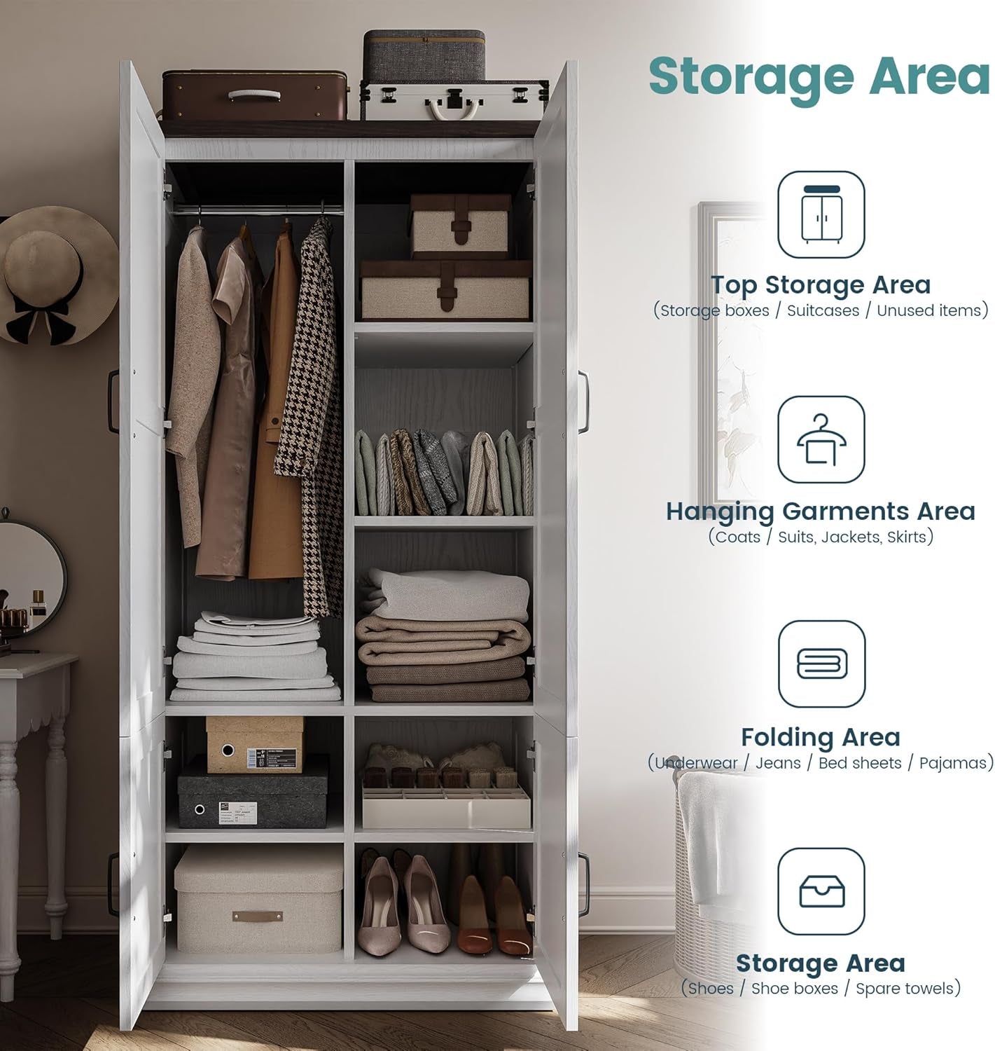 Wardrobe Closet, 71" H Tall Wooden Closet with 5 Clothing Shelves, 4 Doors and Hanging Rod for Hanging Clothes, Bedroom Freestanding Armoire Storage Cabinet, Stand Alone Clothing Unit, White