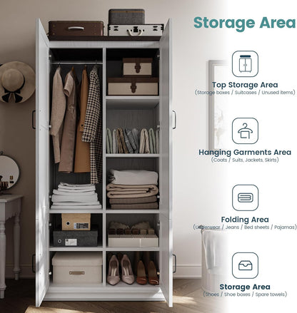 Wardrobe Closet, 71" H Tall Wooden Closet with 5 Clothing Shelves, 4 Doors and Hanging Rod for Hanging Clothes, Bedroom Freestanding Armoire Storage Cabinet, Stand Alone Clothing Unit, White