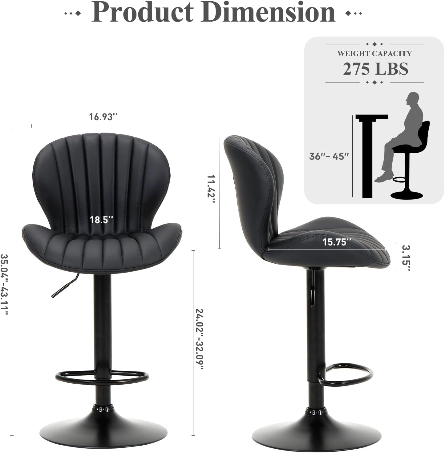 Bar Stools Set of 2, Modern Swivel Bar Chairs, Adjustable Faux Leather Upholstered Barstools Counter Height with High Backrest for Bar, Kitchen Island, Dining Room, Black