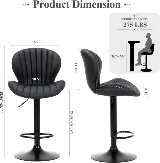 Bar Stools Set of 2, Modern Swivel Bar Chairs, Adjustable Faux Leather Upholstered Barstools Counter Height with High Backrest for Bar, Kitchen Island, Dining Room, Black