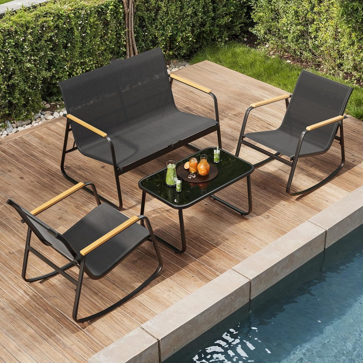 4-Piece Patio Furniture Set, Textilene Outdoor Conversation Set with 2 Rocking Chairs and Tempered Glass Coffee Table, for Lawn, Garden, Balcony, Poolside (Black)