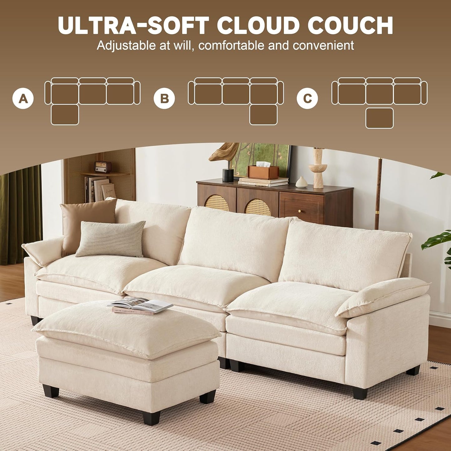 114 Inch Modular Couch Sectionals with Ottoman, Big Comfy Cloud Couches, L Shaped 4 Seat Modular Sectional Sofa, Modern Cloud Sectional Couches for Living Room, Deep Seat Sofa, Beige
