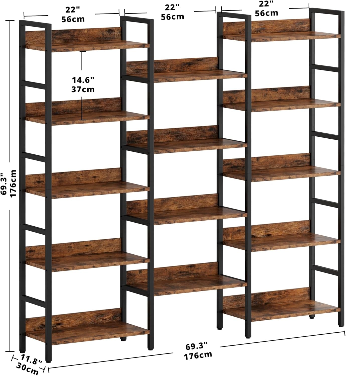Bookshelf, Bookshelves and Bookcases, 5 Tiers Bookshelf with Baffles, Large Book Shelf with Metal Shelving, Triple Wide Shelves for Living Room, Home Office
