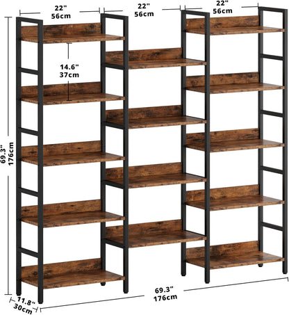 Bookshelf, Bookshelves and Bookcases, 5 Tiers Bookshelf with Baffles, Large Book Shelf with Metal Shelving, Triple Wide Shelves for Living Room, Home Office