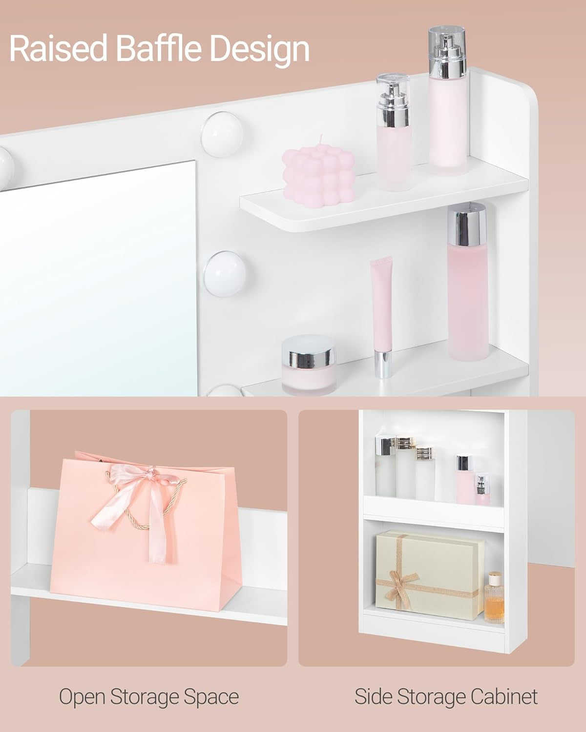 Vanity Desk with Large HD Mirror, Makeup Vanity with Led Lights, Dressing Table with Power Strip, 6 Storage Shelves, 5 Drawers and Side Open Storage, Simple, White WX426HDT