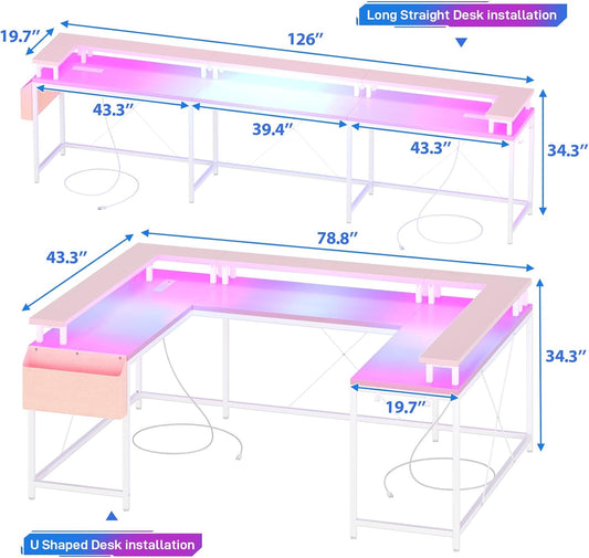 U-Shaped Computer Desk with Power Outlets & LED Lights 79 Inch Reversible L-Shaped Office Workstation, Full Monitor Stand, Spacious Corner Table for Home Office, Black