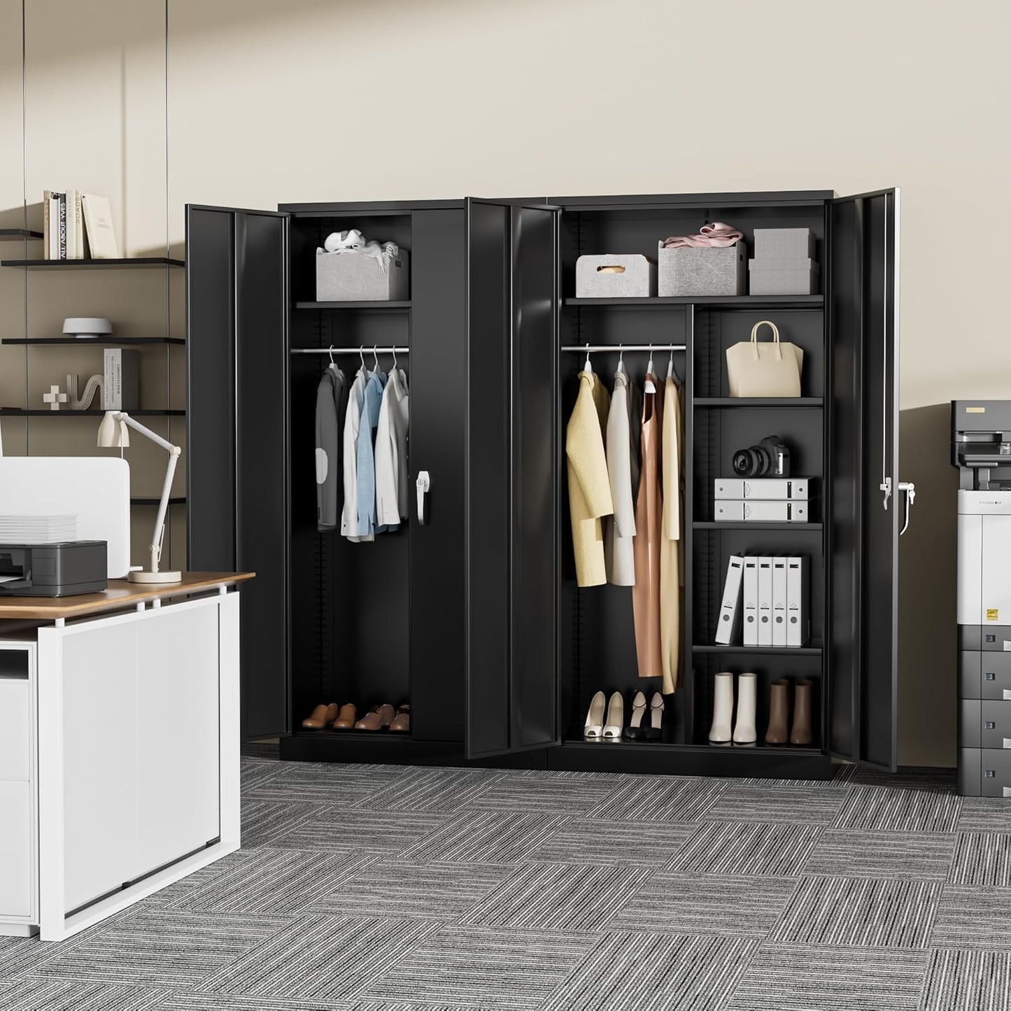 Metal Wardrobe Cabinets with Lock, 72" Clothing Storage Cabinets with Hanging Rod and 4 Adjustable Shelves, Armoire Wardrobe for Office, School, Employee, Government (Black)