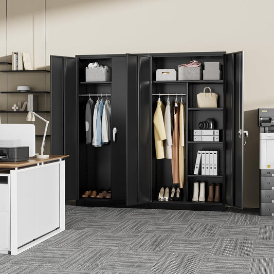 Metal Wardrobe Cabinets with Lock, 72" Clothing Storage Cabinets with Hanging Rod and 4 Adjustable Shelves, Armoire Wardrobe for Office, School, Employee, Government (Black)