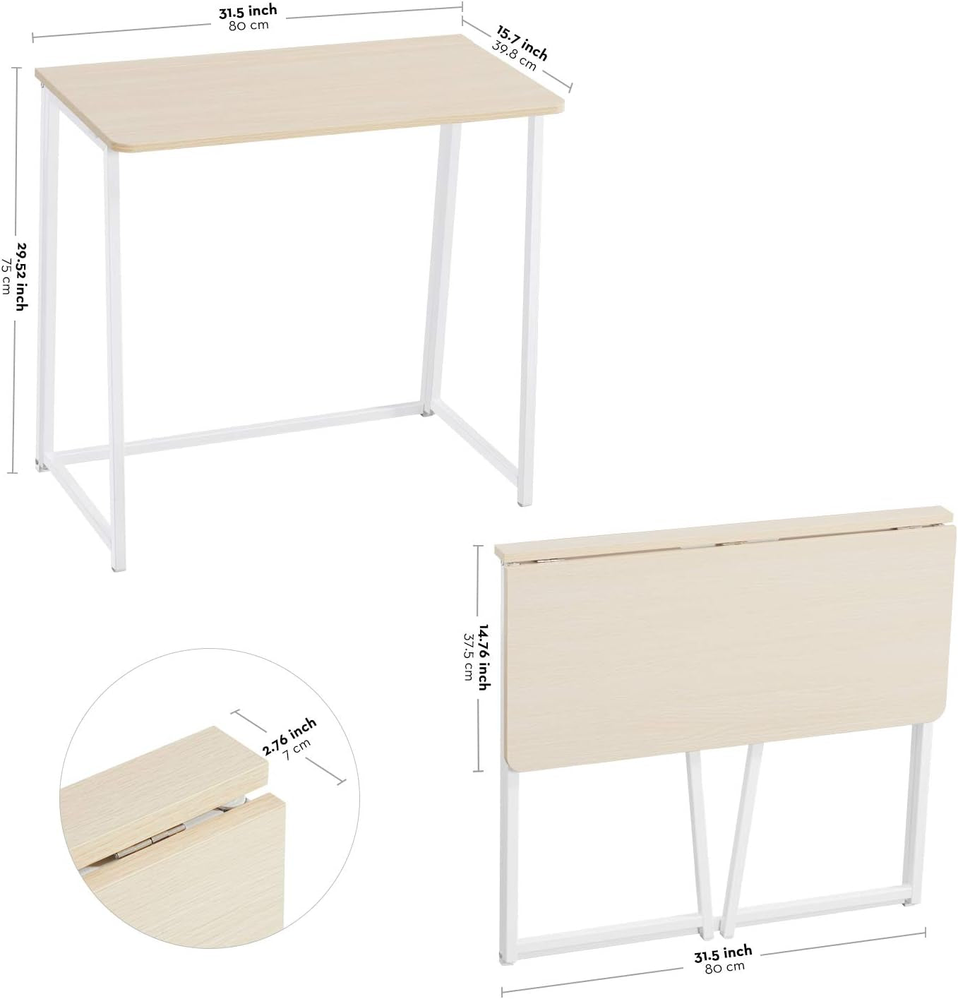 Folding Desk, Small Foldable Desk 31.5" for Small Spaces, Space Saving Computer Table Writing Workstation for Home Office, Easy Assembly, Oak