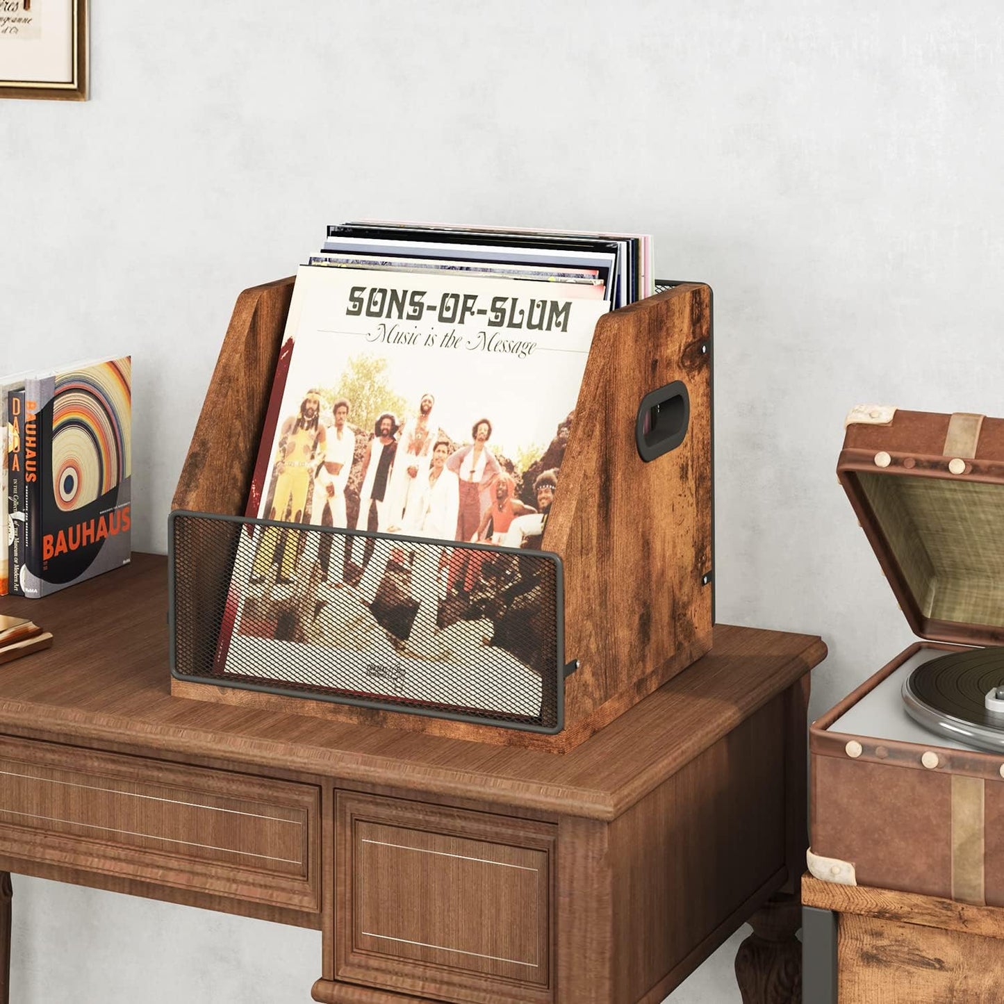 Vinyl Record Storage, Record Box Case Crate, Vinyl Record Album Holder, Desktop Metal & Wooden LP Record Crate, Holds up to 60 Records（Patent No.D1024563