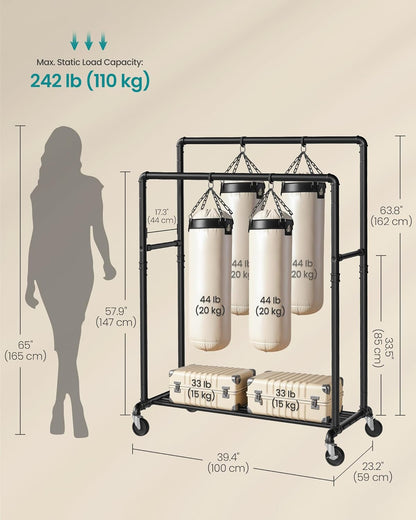 Cabideiro, Suporte Para Roupas, Arara Com 2 Trilhos De 100 Cm, Estrutura De Metal, Com Rodas E Prateleira De Armazenamento, 2 Rodízios Com Freio, Suporta Até 90 Kg, Preto BRHSR60BV1