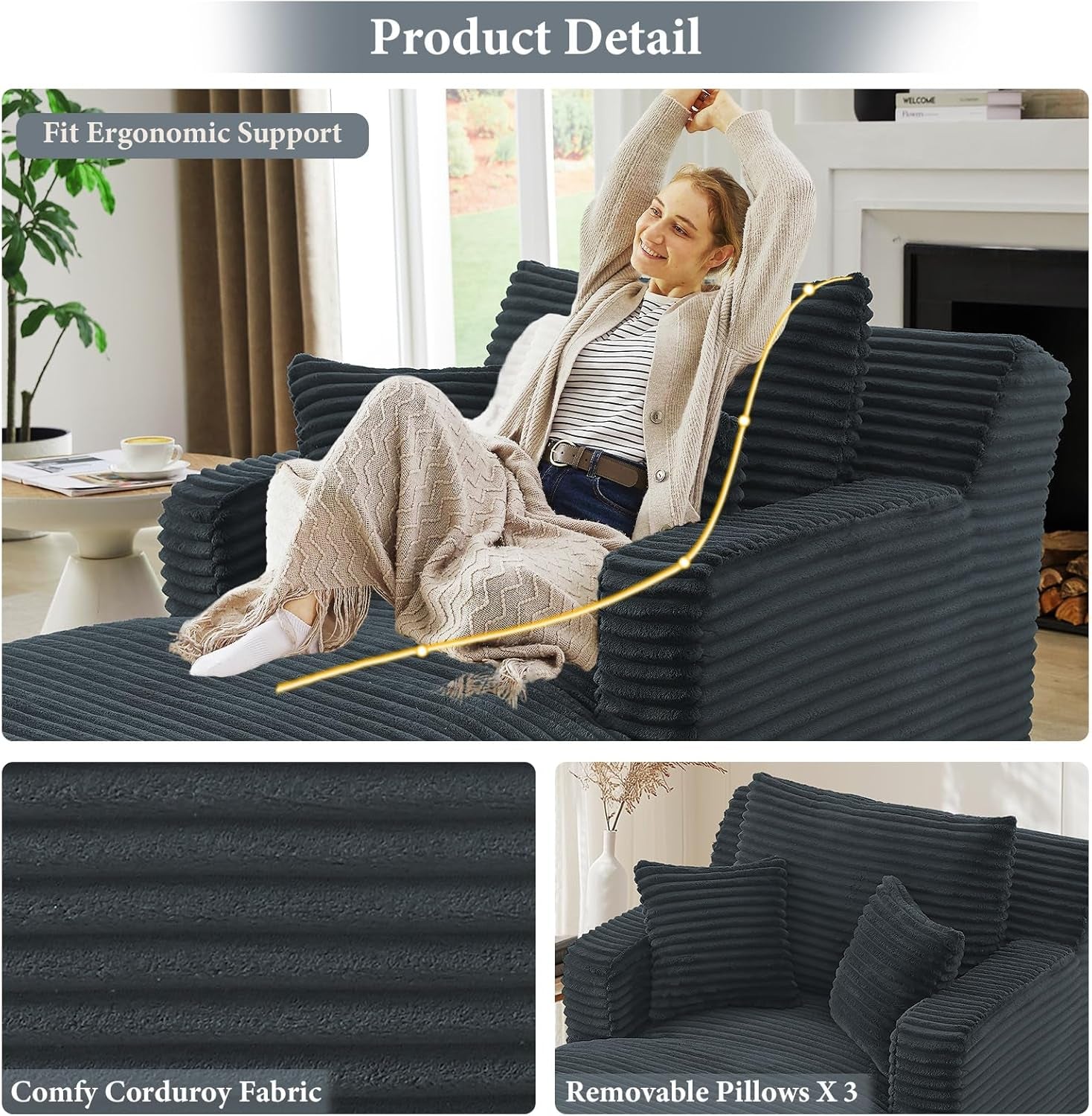 65.4" Chaise Lounge Chair Indoor, Oversized Boneless Couch Comfy Upholstered Sleeper Sofa Bed with 3 Pillows, Corduroy Cloud Reading Chair for Living Room No Assembly Required, Pink