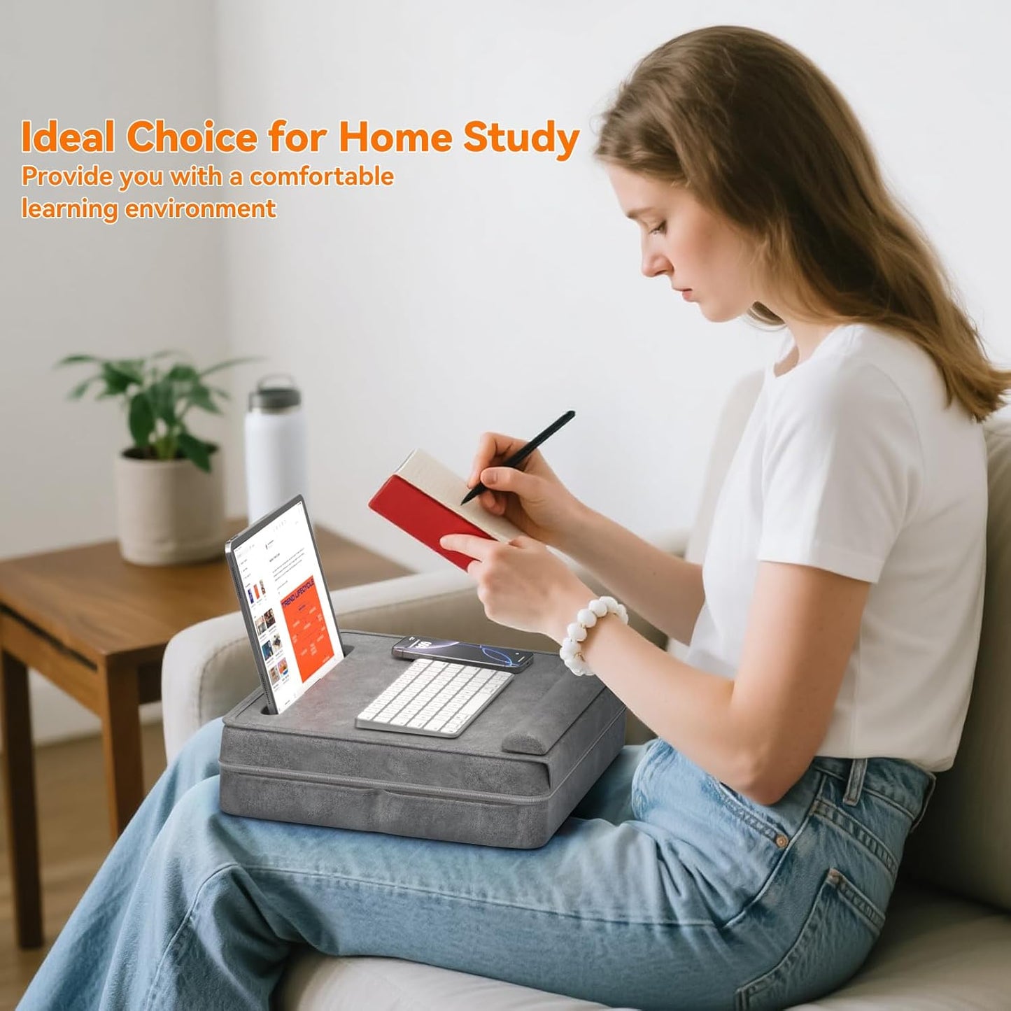 Laptop Lap Desk with Cushion, Laptop Table with Storage for Bed & Sofa, Adjustable Lap Pillow Stand with Anti-Slip Strip & Cell Phone/Tablet Slot for Home Office College