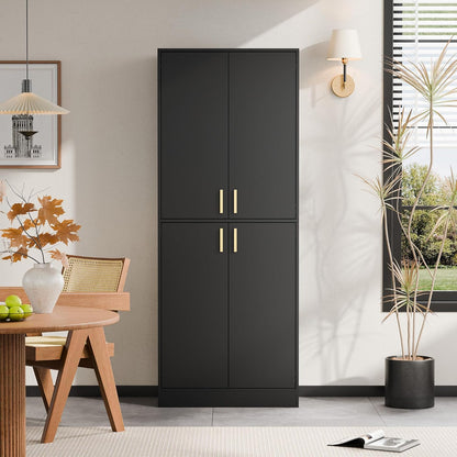 Kitchen Pantry Cabinet, 71" Tall Wood Storage Cabinet with Doors and Shelves 4 Doors Freestanding Cupboard for Dining Room Living Room Bathroom Furniture, Black | Wood Storage Cabinet, 4 Doors, Utility Hutch, for Dining Room