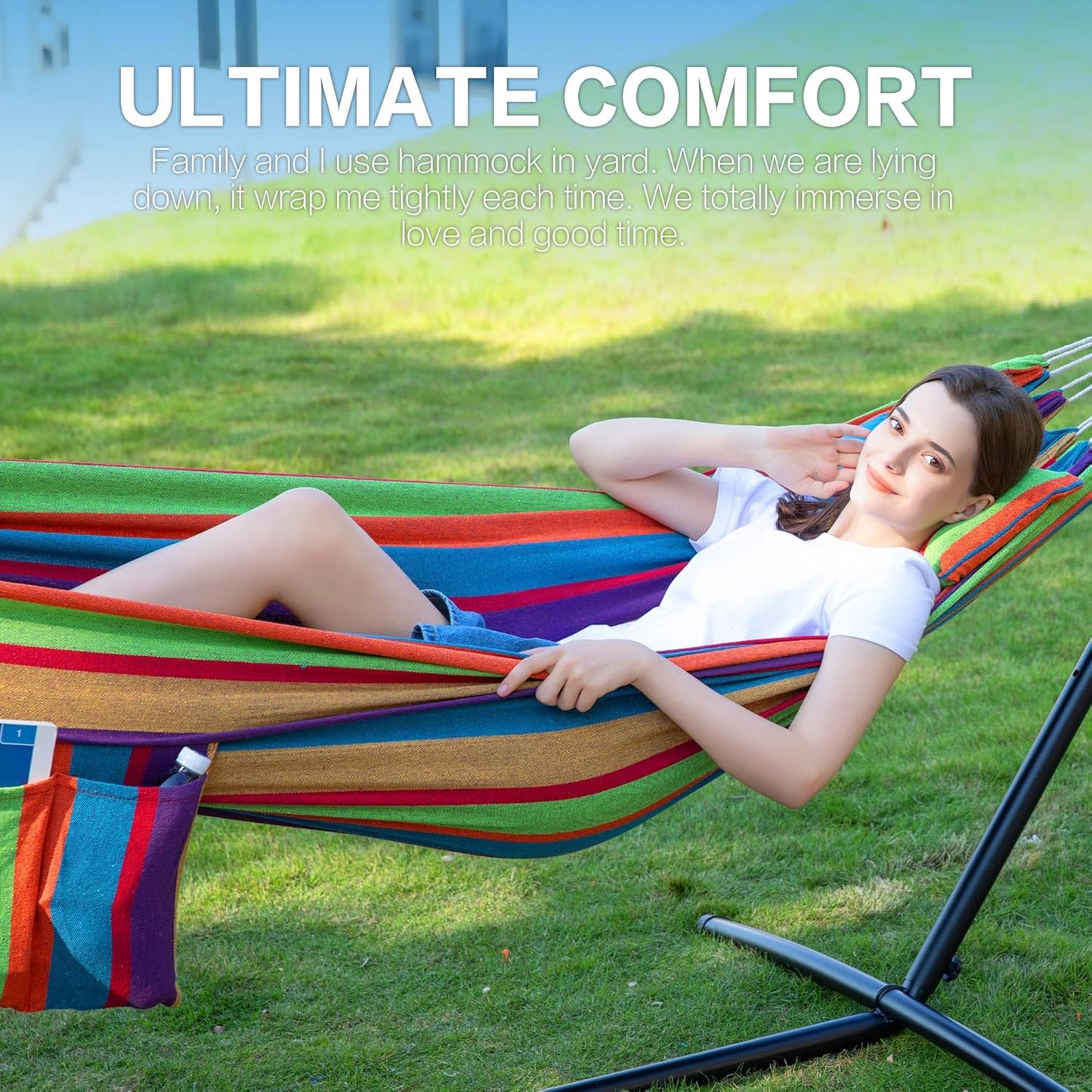 Double Hammocks with Stand for Outside, Portable Space Saving Heavy-Duty Steel Stand for Indoor Outdoor Patio, 450 Lbs Capacity (Tropical)