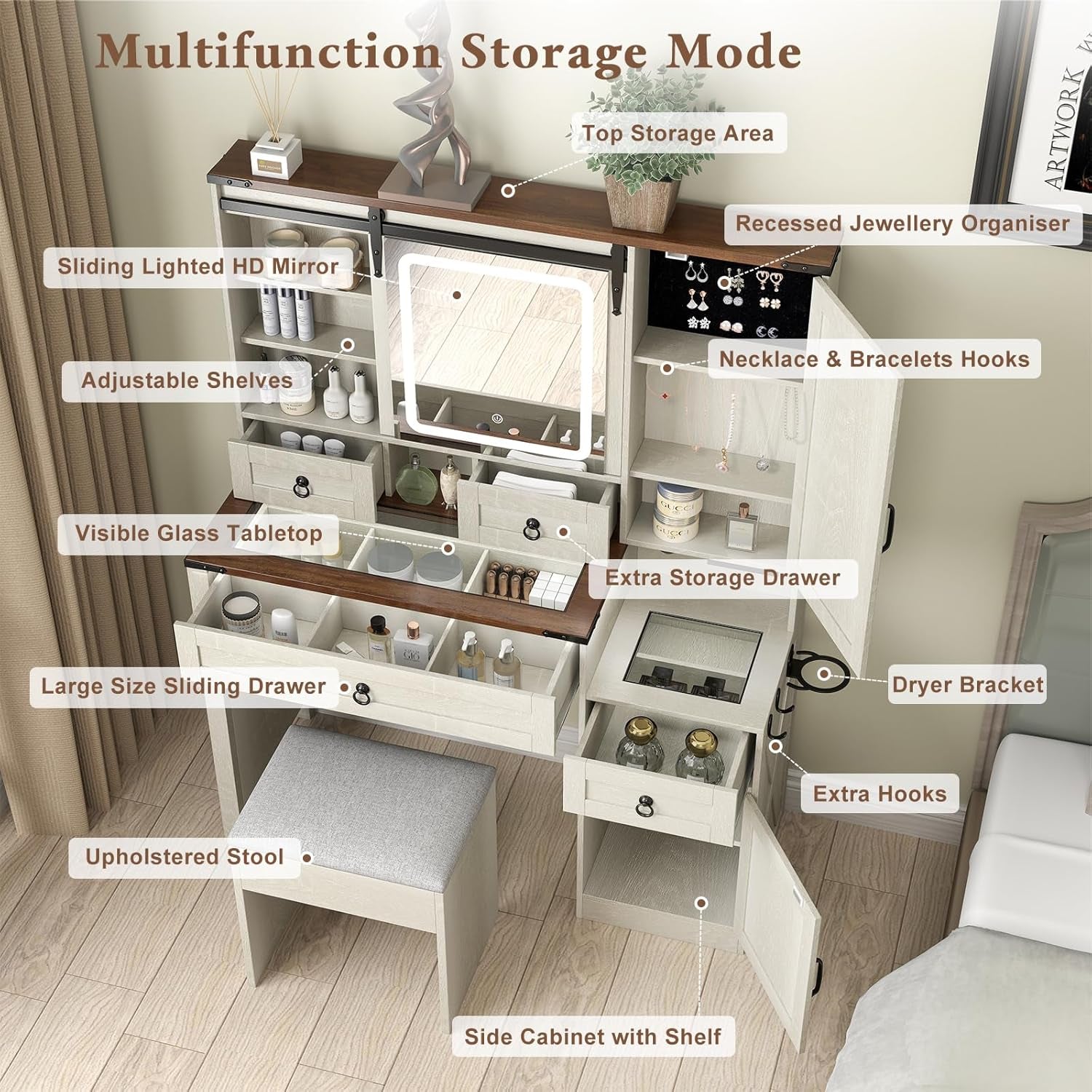 Farmhouse Makeup Vanity Desk with Sliding Mirror and Lights, 42" Glass Top White Vanity Set with Charging Station & 4 Drawers & 2 Cabinets, Dressing Table with Stool for Bedroom