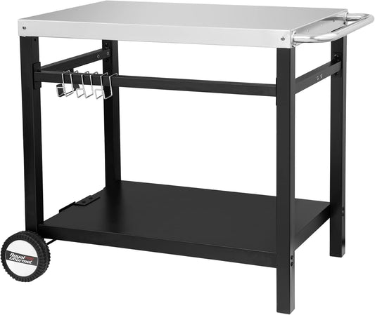 Dining Cart Table with Double-Shelf, Movable Stainless Steel Flattop Grill Cart, Hooks, Side Handle, Multifunctional PC3401S (Silver)