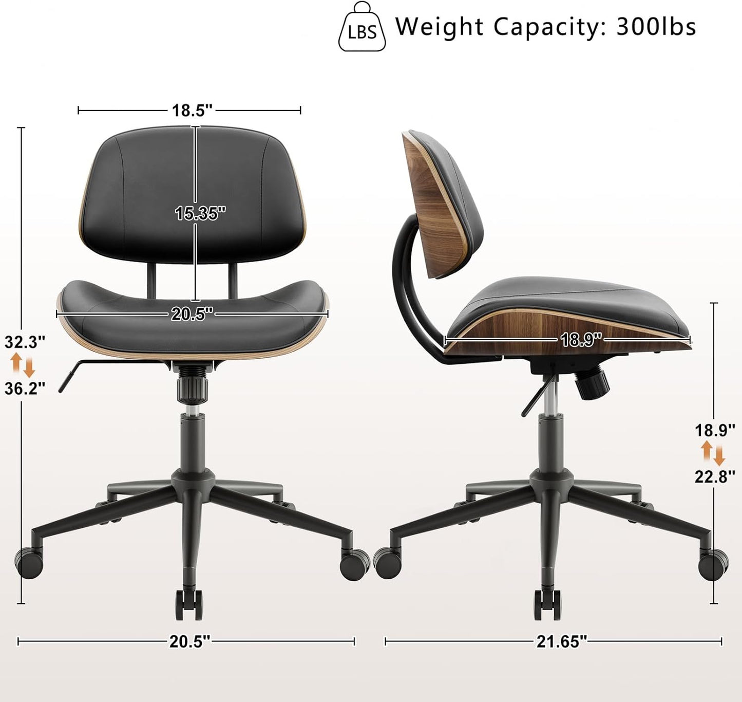 Armless Office Chair with Wheels, PU Leather Adjustable Height Desk Chair - 360° Swivel Ergonomic Computer Chair for Small Space, Modern Walnut Style, Home & Meeting Room, Black