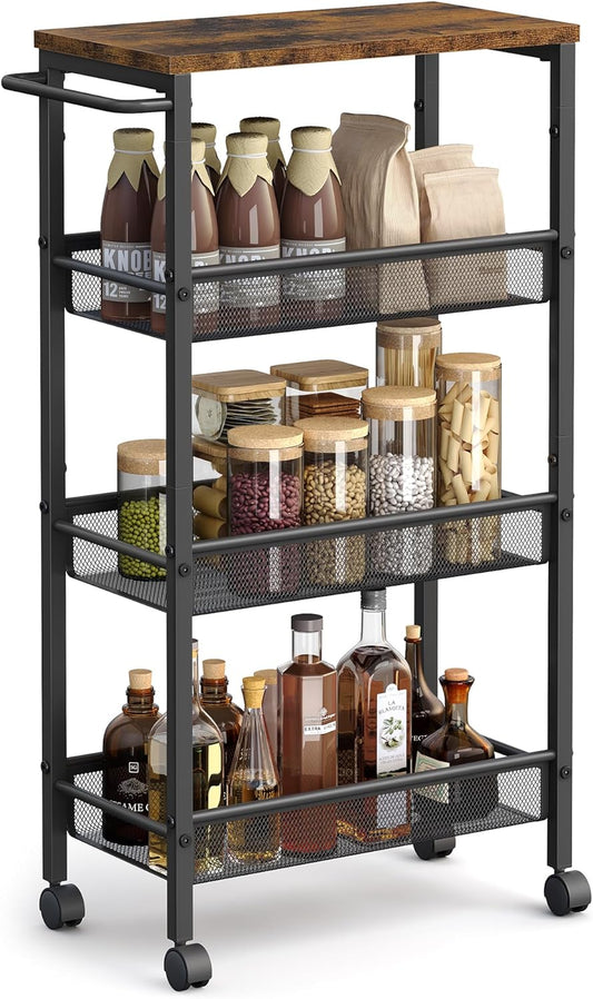 Slim Rolling Cart, 4-Tier Storage Cart, Narrow Cart with Handle, 8.7 Inches Deep, Metal Frame, for Kitchen, Dining Room, Living Room, Home Office, Rustic Brown and Classic Black ULRC033B01