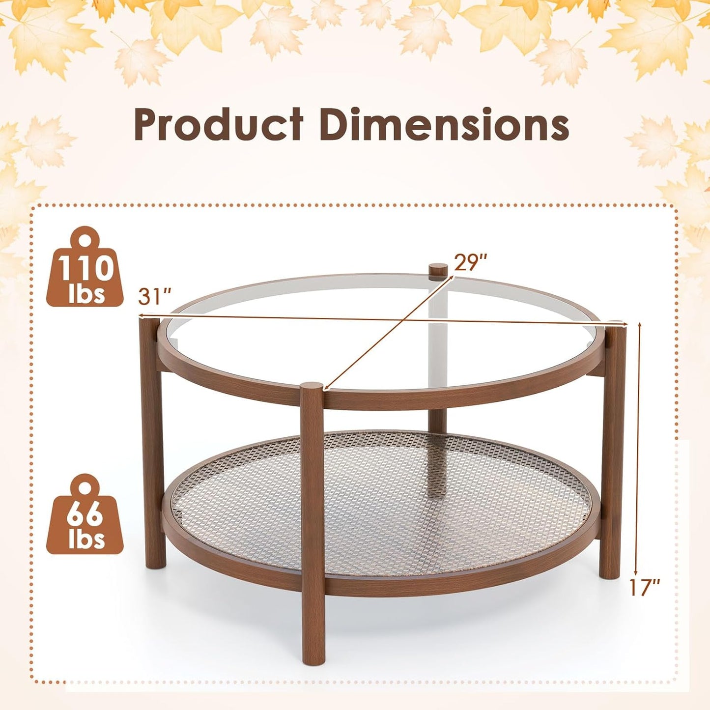 Rattan Coffee Table, Boho round Glass Tea Table with PE Rattan Storage Shelf & Wood Frame, 2 Tier Accent Center Table for Living Room, Apartment, Small Space