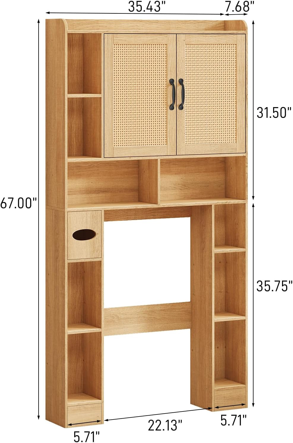 Farmhouse Style Rattan Over-The-Toilet Storage Cabinet with 2 Rattan Doors, Toilet Paper Holder - Space-Saving Oak Bathroom Organizer
