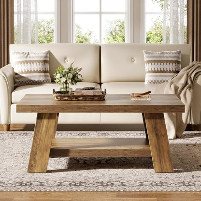 Farmhouse Coffee Table, 47.24" Rectangle Rustic Coffee Tables for Living Room, Long Wooden Center Tables with Storage Shelves for Apartment, Home Office (Brown)