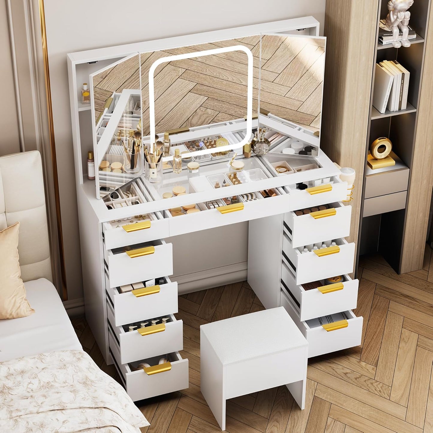 11 Drawers Vanity Desk with Foldable Mirror, Glass Top Makeup Vanity with LED Lights, 3 Lighting Modes, Golden Handles Dressing Table with Chair and Power Outlet
