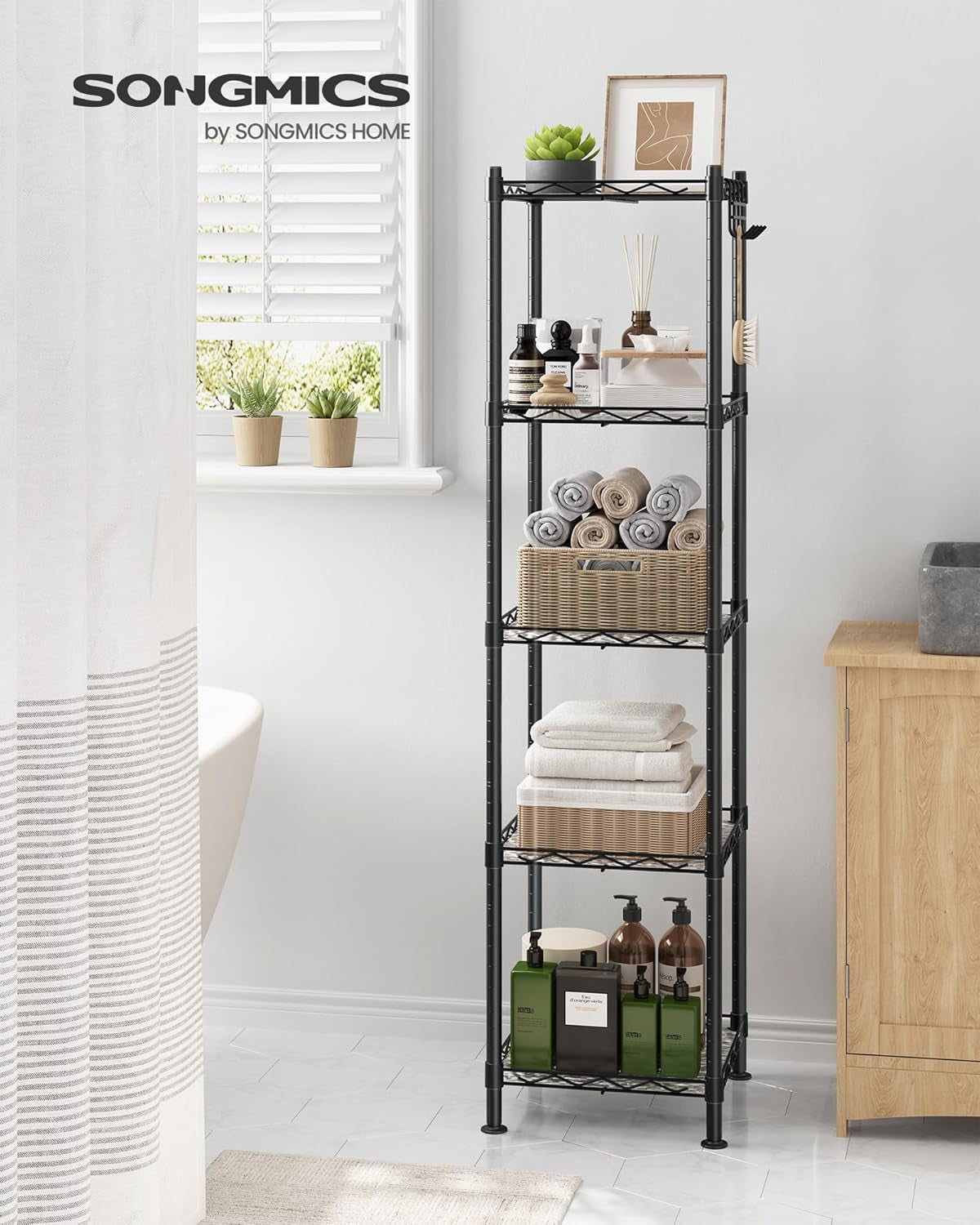 5-Tier Bathroom Shelf, Storage Rack for Small Space, with 5 PP Shelf Liners, Removable Hook, Extendable Design, Ink Black and Translucent ULGR23BK