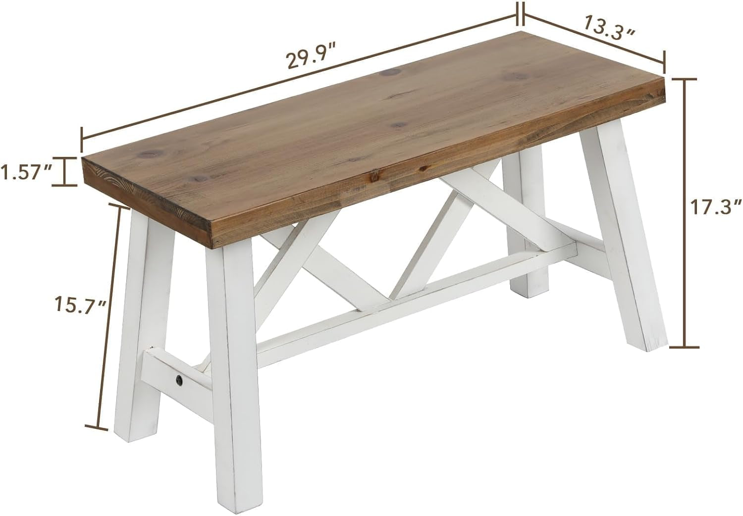 30" Farmhouse Wood Bench, Rustic Solid Wood Entryway Bench Seat with Double X-Structure for Dining Room, Living Room, Hallway, Structural Stability, White