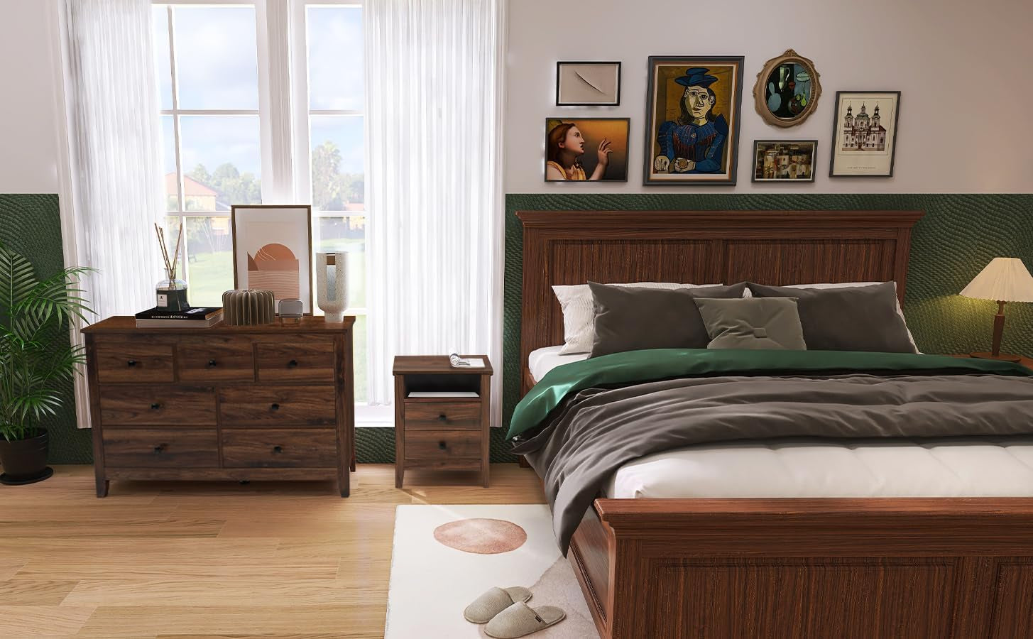 Dresser and Nightstand Set - 3 Pieces Bedroom Set with 7 Drawer Dresser and 2 Drawer Nightstands, Wooden Dresser and Nightstands for Bedroom, Brwon Wood Grain