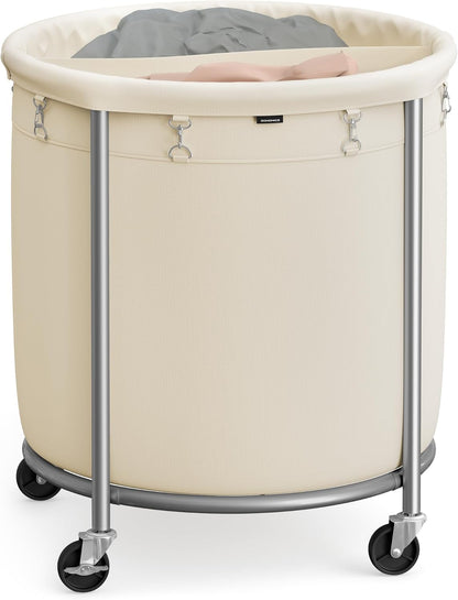 63.5-Gallon (240 L) Laundry Basket with Wheels, Rolling round Heavy-Duty Laundry Hamper Cart with Steel Frame and Removable Bag, 2 Locking Wheels, Cream White and Metallic Silver URLS012W01