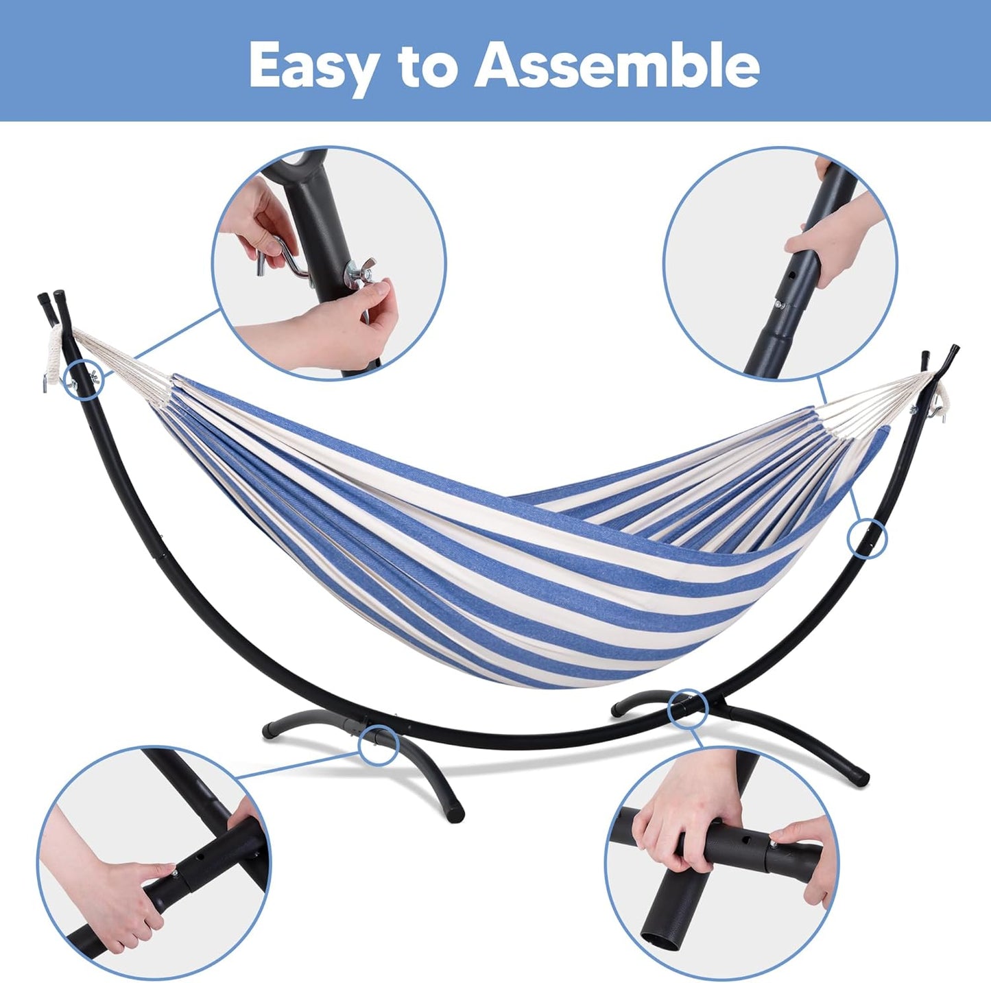 Backyard Hammock with Frame, Hammock Frames for Outside, 475 Lbs Capacity, Blue & White Stripes